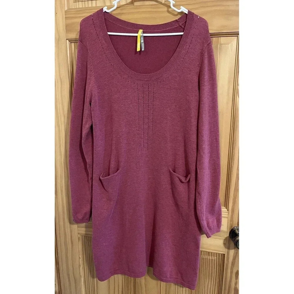 Lole Imagine 2 Long Sleeve Crewneck Pockets Sweater Dress in Red Pink Large